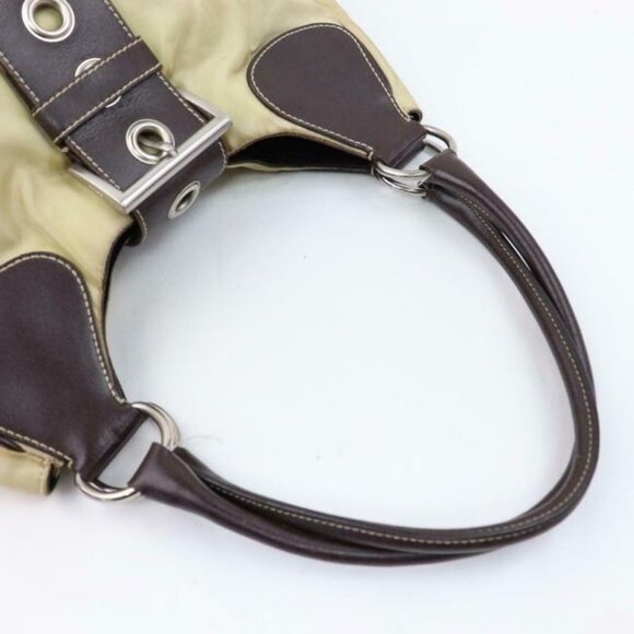 Prada Xl Hobo Style Shoulder Purse Champagne Nylon And Brown Leather With Chrome - Picture 7 of 8